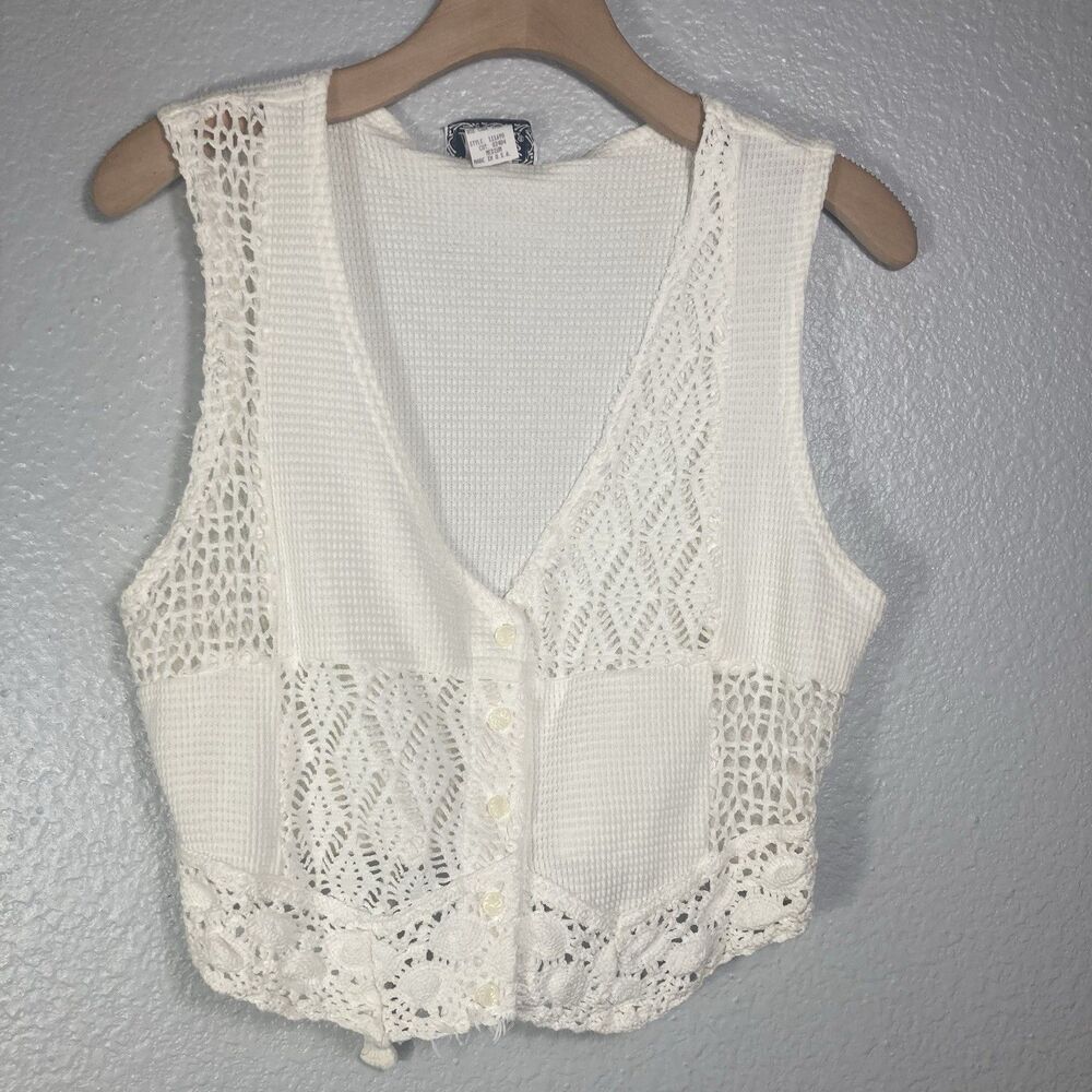 VTG Lajate Crochet Sweater Vest M Cream Ivory Boho Cottage Granny Patchwork USA